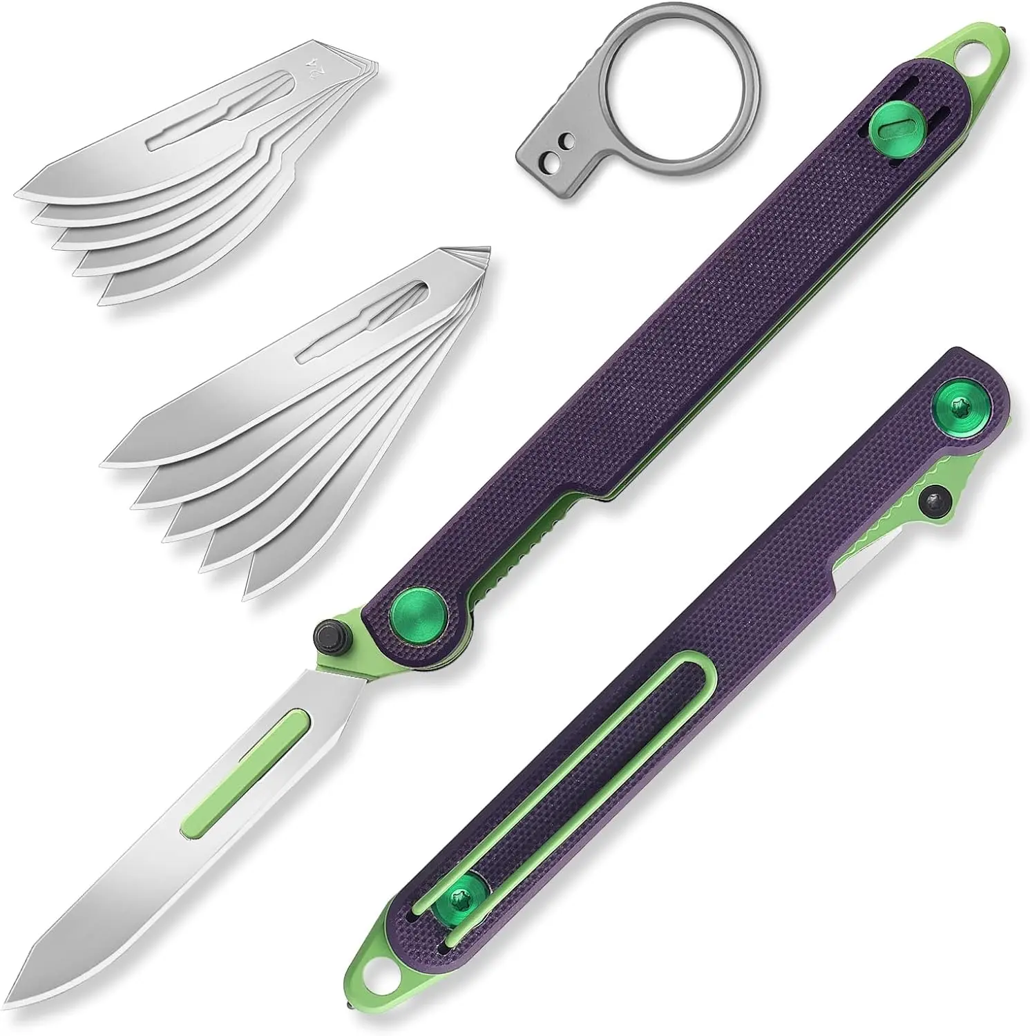 VIRENKNIFE Mini Slim Folding Scalpel - Blade-Type Folded Knife with G10 Handle, Liner Lock, Pocket Clip, Glass Breaker, 10 Replaceable Extra Blades (#24 & #60) - Outdoor Camping Knife, Precision Camping Tool for Hiking/Light Outdoor (Purple)