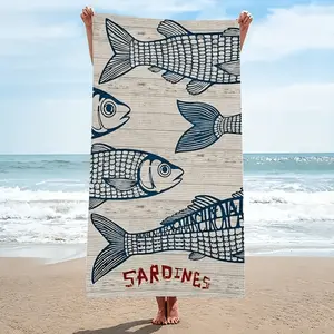 1pc Vintage Sardine Pattern Beach Towel, Essential for Seaside Vacations, Comfortable, Absorbent, and Highly Practical, Lightweight and Quick-Drying, Machine Washable, Suitable for Swimming, Camping, and Vacations
