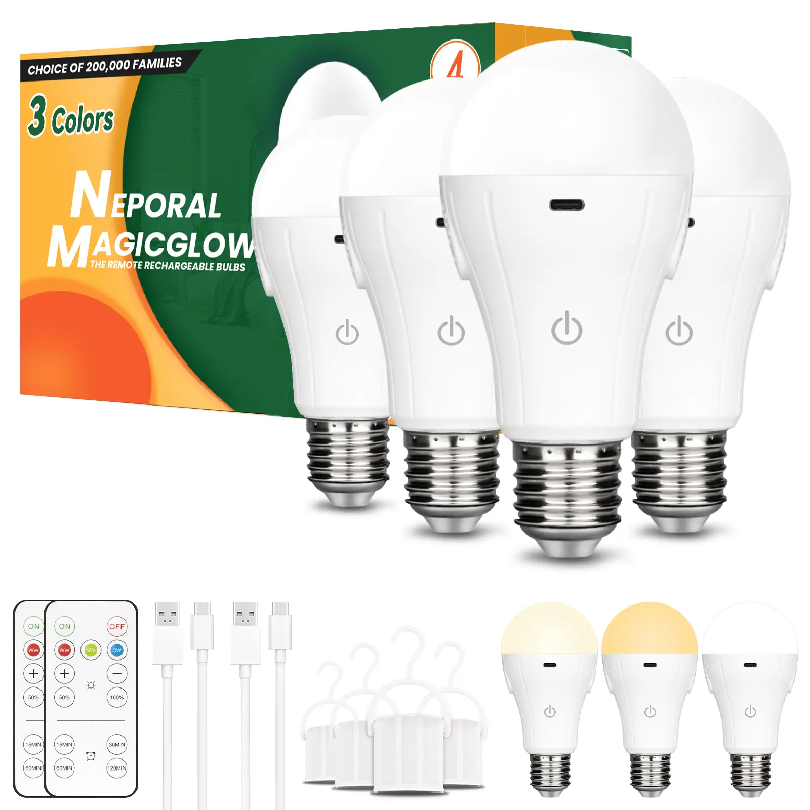 Neporal MagicGlow Rechargeable Light Bulbs with Remote, 3 Colors Shift + Stepless Dimmable Battery Powered Light Bulbs, USB Rechargeable, A19 Emergency LED Light Bulbs, 15W, Up to 24 Hours rechargeable  bulb