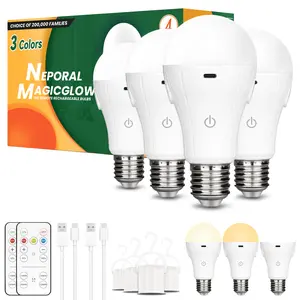 Neporal MagicGlow Rechargeable Light Bulbs with Remote, 3 Colors Shift + Stepless Dimmable Battery Powered Light Bulbs, USB Rechargeable, A19 Emergency LED Light Bulbs, 15W, Up to 24 Hours rechargeable  bulb