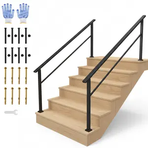 Garvee Outdoor Handrail for Steps, 6 Step Stair Handrail & Indoor Stair Railing Kit, Black Aluminum Railing with Iron Poles for Outdoor Indoor Steps & Porch, Includes Gloves (2 Pack)