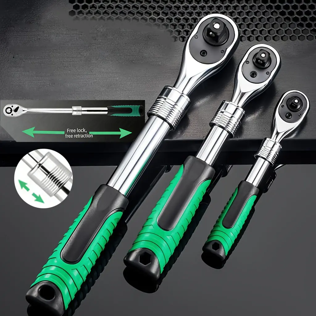 3-Piece Multifunctional Socket Wrench Set - 1/4\", 3/8\", 1/2\" Drive Work Tools, Wrench Extension Handle, Quick-Release Reversible Gear, High Torque, 304 Stainless Steel Mechanic Tool for Tire Maintenance