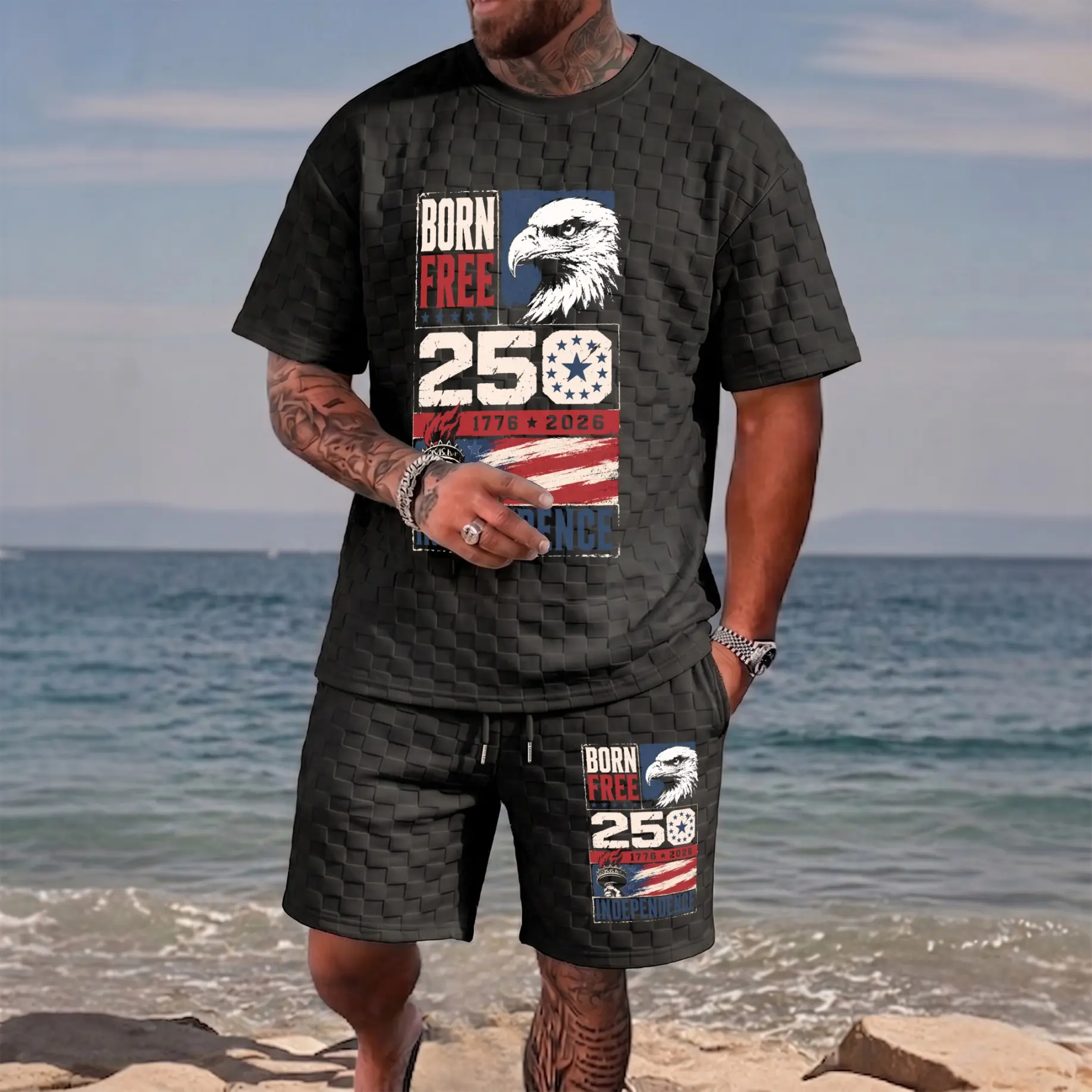 Men’s Born Free 250 Independence Eagle Graphic Textured T-Shirt & Drawstring Shorts Set, Patriotic Streetwear Two Piece Outfit