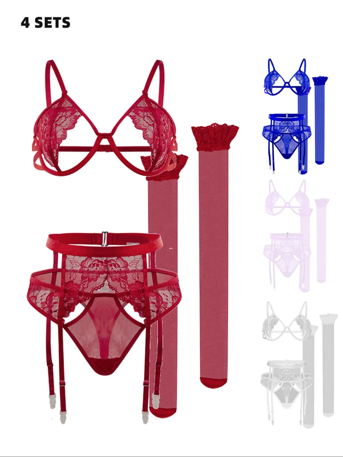 Women's Lace Sexy Matching Soft Breathable Lingerie Set, Womenswear Solid Color Bra & Thong & Garter Belt & Stocking, Elegant Comfy Lightweight Breathable Fitted Lingerie Set for Women Underwear