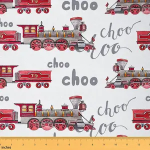 Train Upholstery Fabric by The Yard,Cartoon Car Reupholstery Fabric,Choo Train Vehicle Red White Decorative Waterproof Outdoor Fabric,3 Yards, Medium Weight, Home Decoration