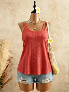 Women's Thin Strap Tank Top, Casual Hollow Out Embroidered Sleeveless Camisole, Loose Fit Summer Top, Comfortable and Stylish, Womenswear Embroidery