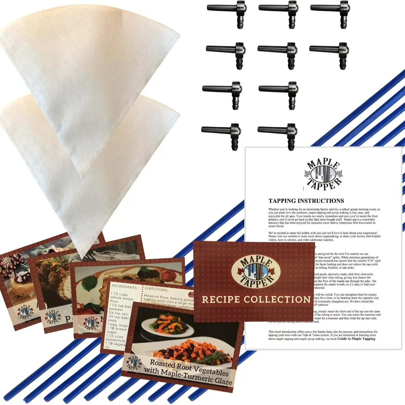 Maple Tapper Maple Syrup Tree Tapping Kit – (10) Taps + (10) 3-Foot Drop Line Tubes + 1- Quart Maple Sap Filter – Dark Blue Premium Food Grade Tubing - Instructions, Recipe Cards - Made in USA Bakeware Equipment
