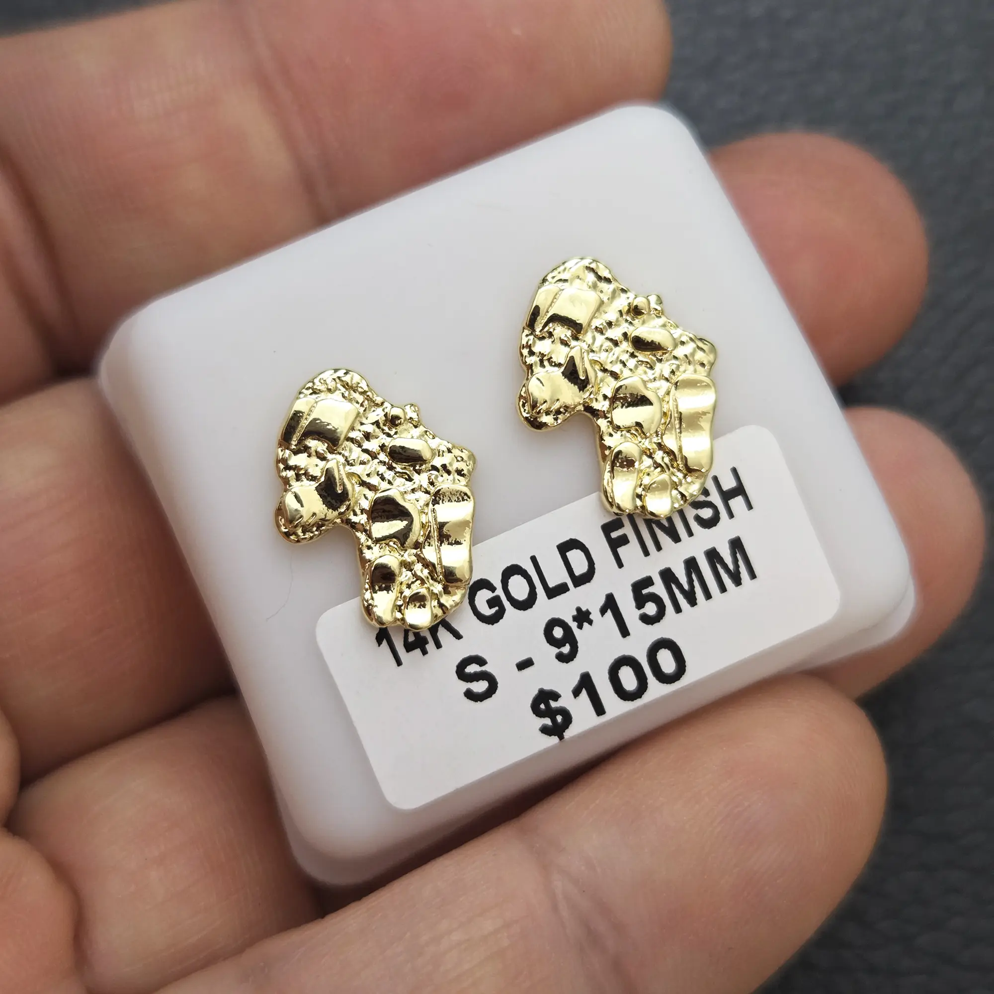 MaxBling81 Polished 14 Karat Gold Finish Brass Golden Nugget Stud Earrings - High-End Bling Men's Costume Jewelry Fashion Accessory, Nugget Earrings