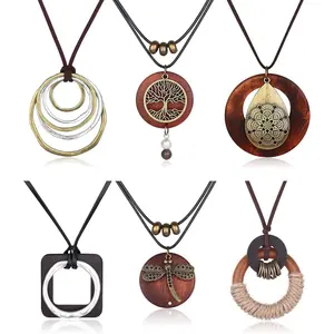 FUNRUN 6PCS Boho Layered Long Necklace Set for Women | Vintage Wood & Tree of Life Pendants | Summer-Inspired Dragonfly & Mandala Jewelry for Beach Vacations & Daily Styling summerwins