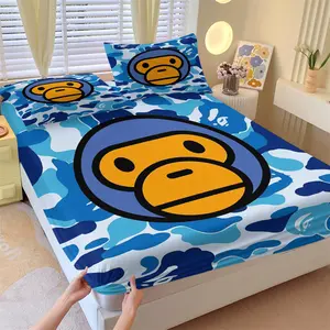 BAPE Baby Milo Blue Camo Big Head Fitted Sheet Set, 1 Fitted Sheet & 2 Pillowcases, Blue-White Camouflage with a Super Large Cartoon Monkey, Soft Non-Slip Wrinkle-Resistant, Fresh Cool Bedroom Decor, Soft Bedding Sheet, Fan Gift, Bed Sheet Sets