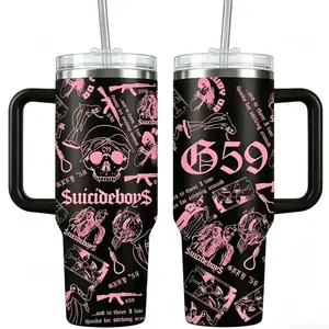 G59 Grey Five Nine Suicideboys 40oz Insulated Tumbler, Multicolor Skull Collage Aesthetic Travel Mug, Dark Trap Goth Underground Rap Style Cup, Premium Stainless Steel Heat Cold Retention Drinkware