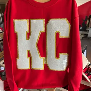 Sequin large KC patch Kansas City Football Sweatshirt - Red with KC Chicks Sequin Design