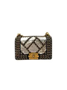 Pre-owned CHANEL Python Crossbody Bags LeBoy Metallic Blue & Woven Gold Chain Detail Flap Bag With Gold Buckle(21***62) CC1424