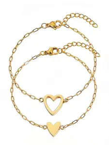 Women Stainless Steel Heart Bracelet Set, Adjustable Plain Design, Perfect Gift for Friends & Couples, All-Season Jewelry
