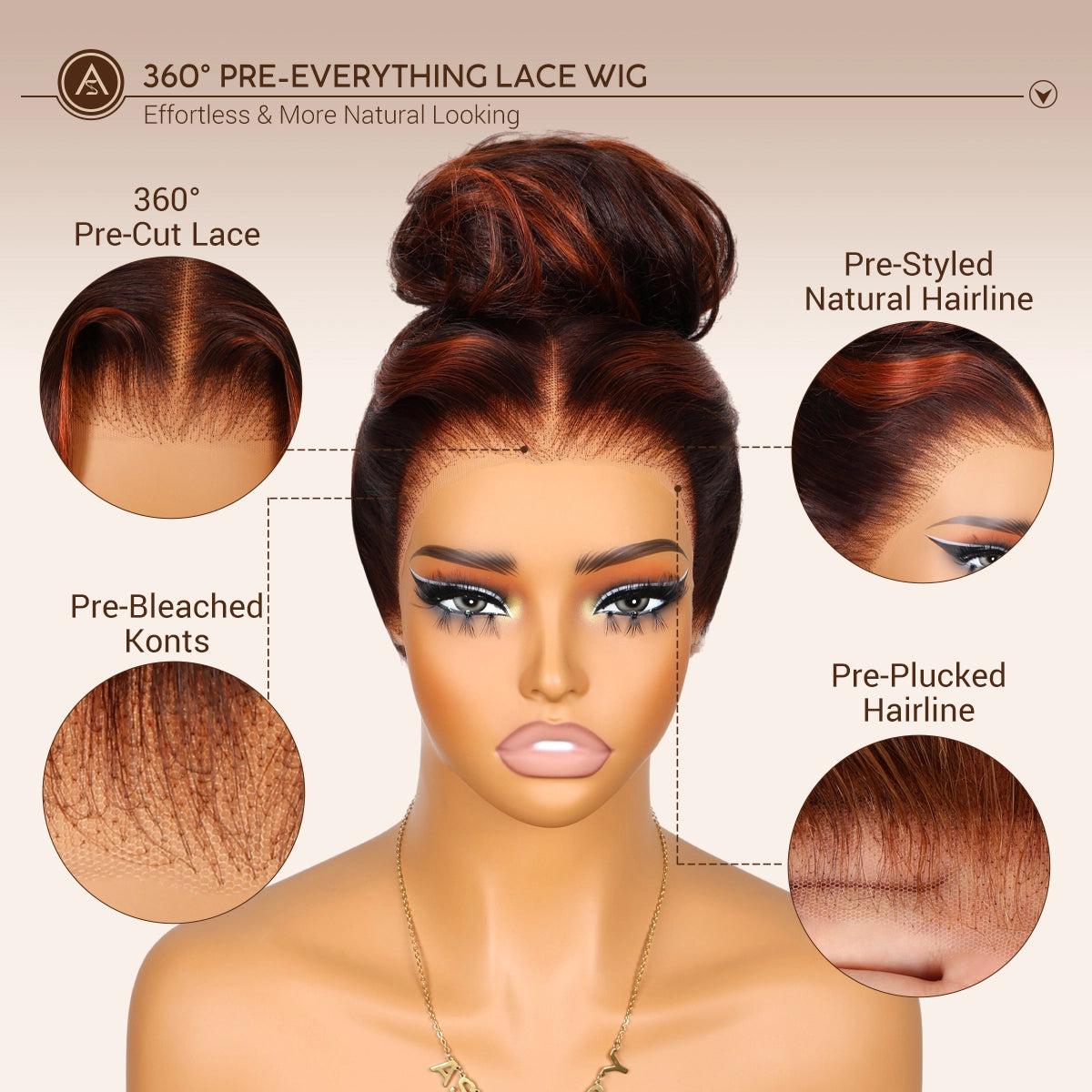 Salon Layer Cut Ginger Highlights On Brown Hair 360 Lace Frontal Invisi Strap Skin Lace Invisi Drawstring Snug Fit Body Wave Human Hair Wig SpringStatements