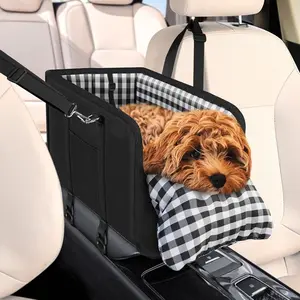 💫Small Dog Car Armrest Seat, Plaid Pet Travel Bed with Safety Strap, Soft Cushioned Console Seat for Stress-Free Trips Perfect Gift
