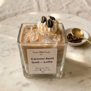 Caramel Swirl Iced Latte Coffee Candle - 100% Soy Wax Handmade Dessert Candle - Realistic Food Candle for Coffee Lovers, Birthday Gift for Her, Aesthetic Room Decor, Scented Candle in Glass Jar