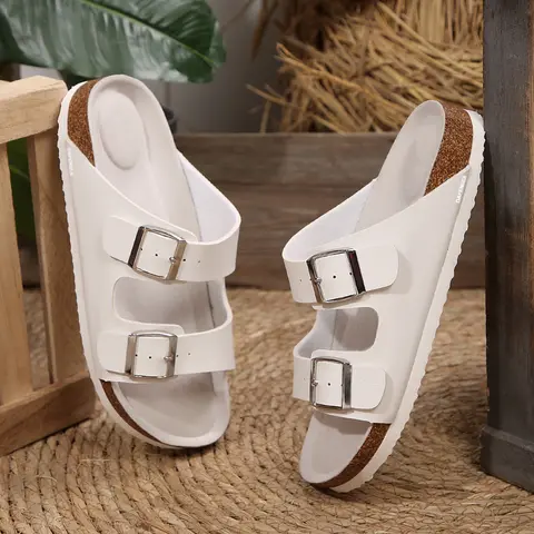 Women's Comfort Straps Adjustable Buckle Slip On Sandals Slide Cork Footbed Sandals Summer Vibes