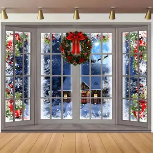 Frosty Snowflake Window Pane Decoration for Holiday Party - 1pc 2D Flat Christmas Window Wonderland Backdrop Polyester