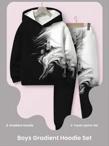Boys Ink Gradient Hoodie Set, Trendy Printed Sweatshirt and Long Sweatpants, Casual Sport Two-Piece Set, Ages 5-14