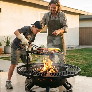 【Father's Day Gift】 BALI OUTDOORS Game Day 2-in-1 Wood Burning Fire Pit with Removable Cooking Grill Black Ultra-Durable Iron Grate 360-Degree Rotation Adjustable Height for Heating and BBQ