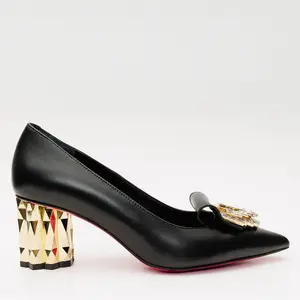 The Love Black Leather Block Heel Pump Women Shoe