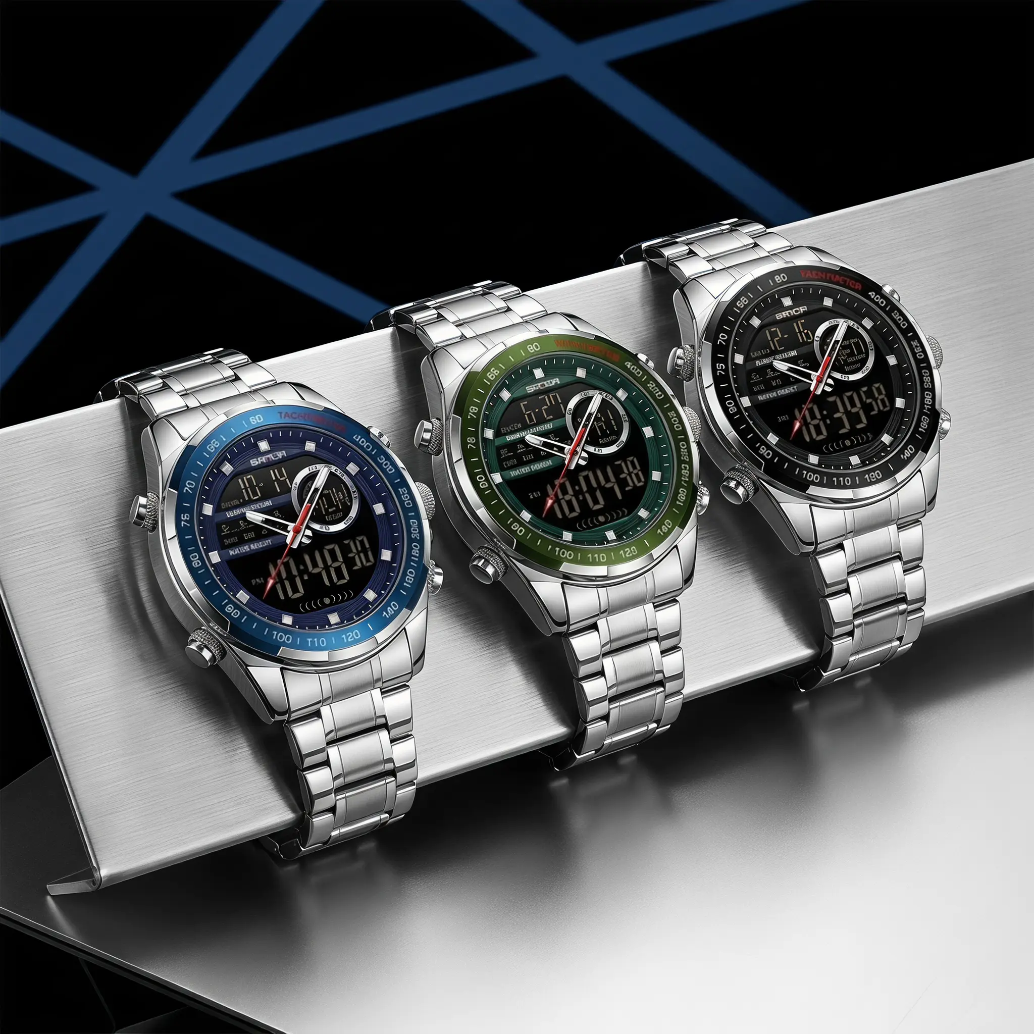 Men Sport Watch Dual Display Quartz Wristwatch Steel Band Water Resistant Chronograph Alarm Analog Digital Multifunctional Timepiece