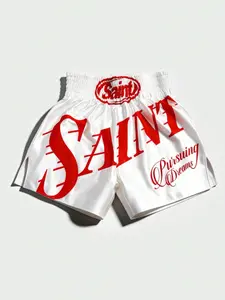 Vintage Saint Letter Print Satin Shorts, Men's Y2K Street Style Boxing Shorts, Trendy and Comfortable Streetwear Sports Shorts Summer Wear