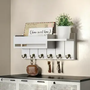 Wooden Wall Mounted Key Organizer - 6 Hooks with Small Shelf| Mail Sorter & Entryway Storage| Living Room/Entrance Decor| Home Organizing Essential