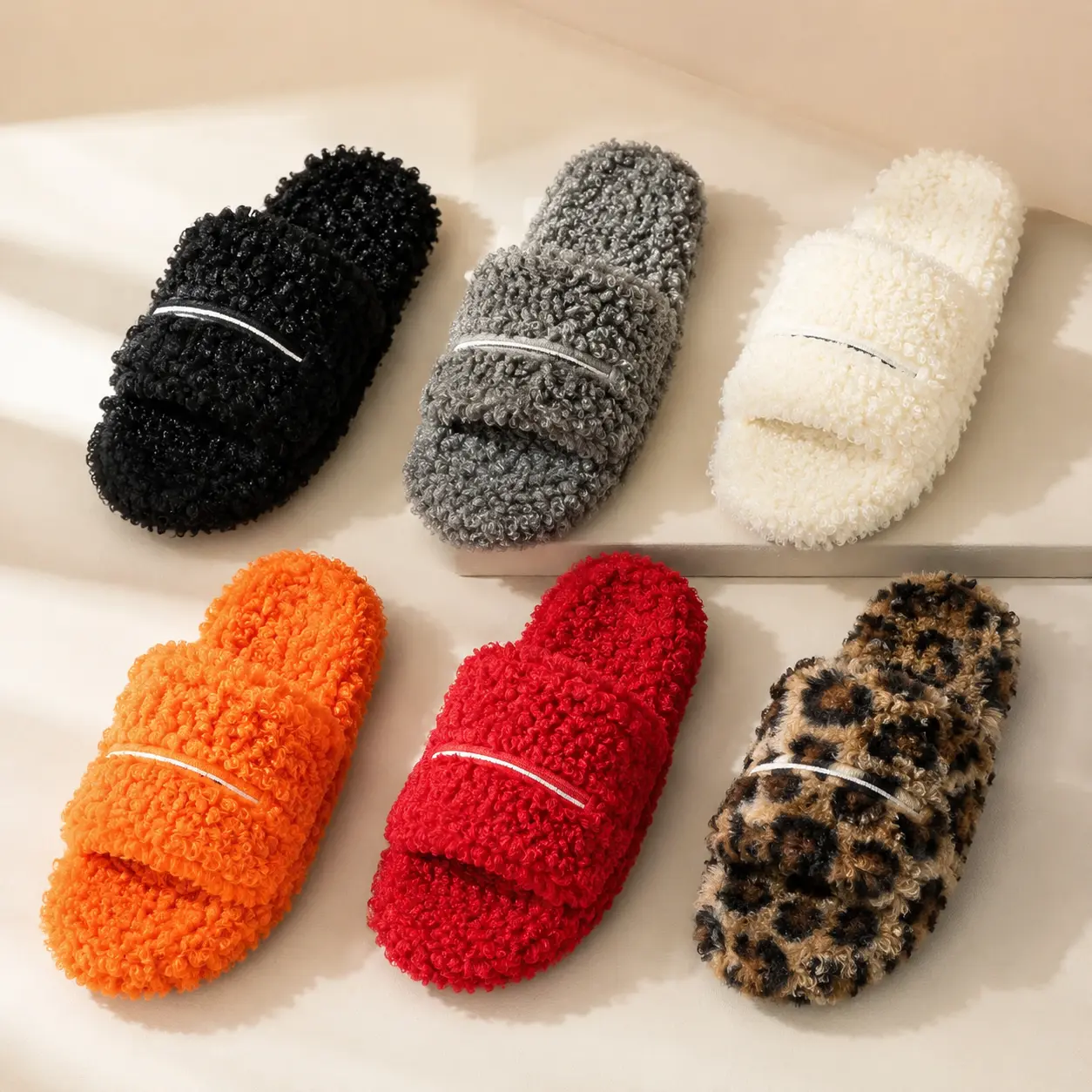 Fuzzy Open-Toe Slides for Women and Men, Cozy Plush Cotton Animal Print and Stripe Slippers, Lightweight Indoor Footwear, Warm Slippers