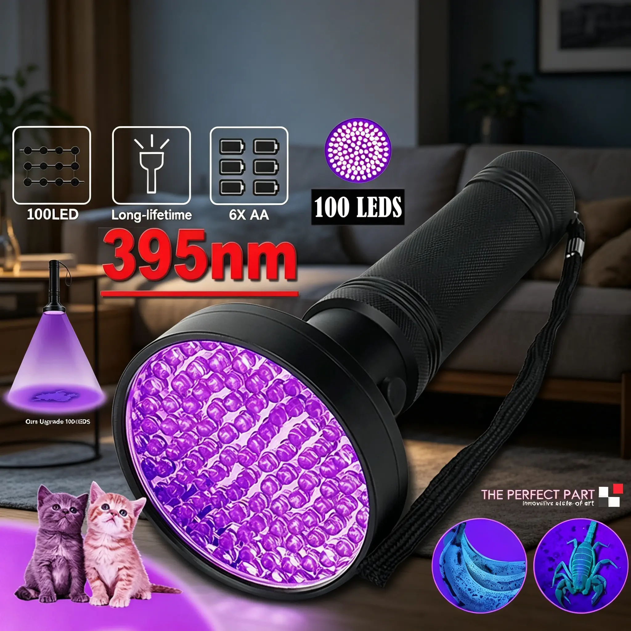 395nm High-Powered Blacklight UV Flashlight with 100 LEDs, Aluminium Alloy Body, 40% Brighter Than Usual - Indoor Scan Detection Tool for Anti-Counterfeit Checks, Home Use
