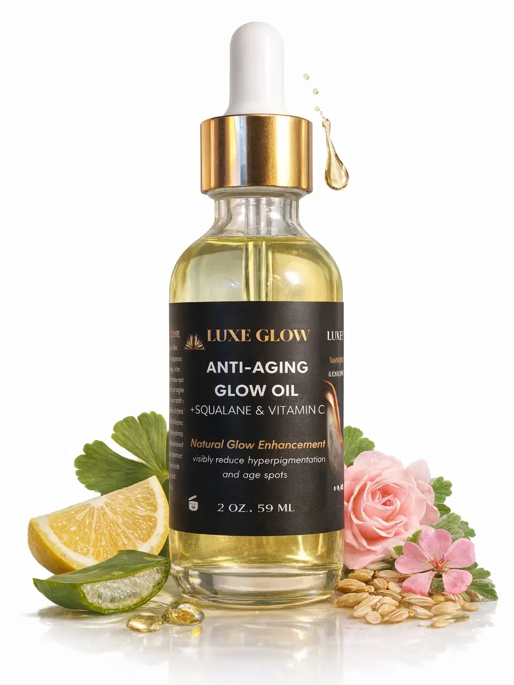 Luxe Glow Cosmetics Anti-Aging Face Oil with Squalane & Vitamin C - Single Item Hydrating Serum Moisturizer for Dry Skin, Restore Texture, Brighten Dark Spots, Boost Moisture, Dewy Radiant Look, Glow Up, Soft Skin, Makeup Prep, Skin Transformation