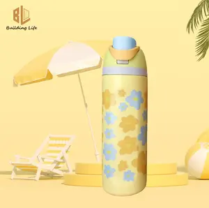 Owala Yellow Floral FreeSip Water Bottle 24oz  Stainless Steel Insulated Bottle Leak Proof Straw Tumbler Kawaii Travel Gym School Cup