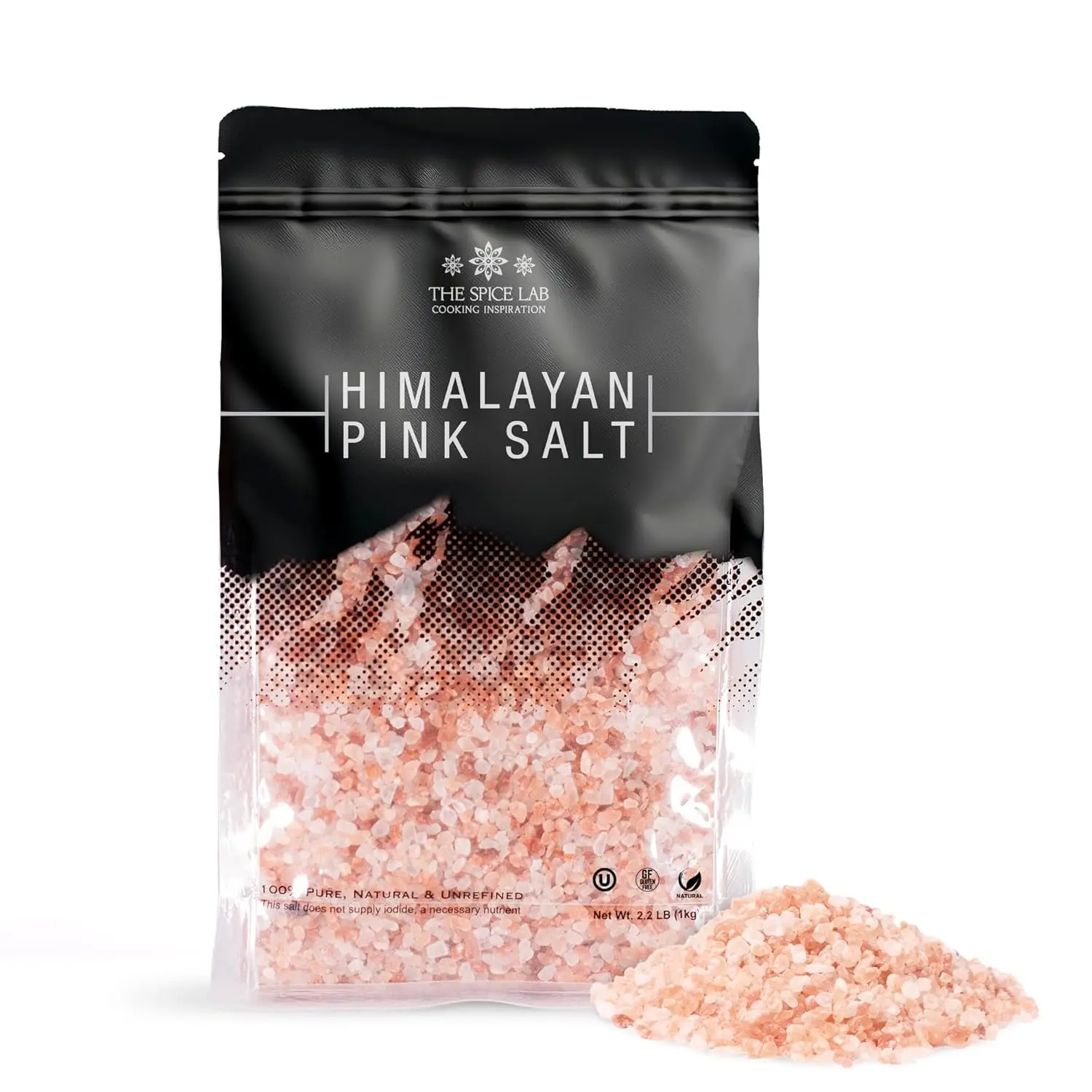 The Spice Lab Coarse Pink Himalayan Salt, 2.2 Lb/1 Kilo Refill Pouch - Natural, Mineral-Rich, Pure, Nutrient-Dense Gourmet Crystal, Kosher Certified, Savory Flavor, 24-Month Freshness Guarantee, Yes, Cupboard