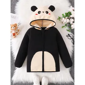 Girls' Panda Hooded Coat - Black & Beige Animal Outerwear, Zip-Up Front Closure, Soft Polyester Jacket for Everyday & Special Occasions, Cute Panda Clothing for School, Parties, Family Outings - Fall/Winter Coat, Panda Clothes, School Wear, Playful Design