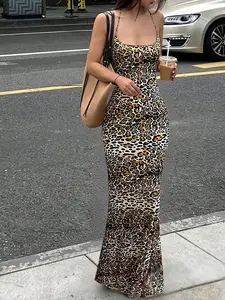 Classic Leopard Print Spaghetti Strap Bodycon Mermaid Dress Y2K Street Style