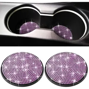2 PCS Bling Cup Holder Coaster, 2.75 inch Diamond Universal Non-Slip Silicone Cup Holder Coasters, Sparkly Bling Car Accessories for Women (Purple)