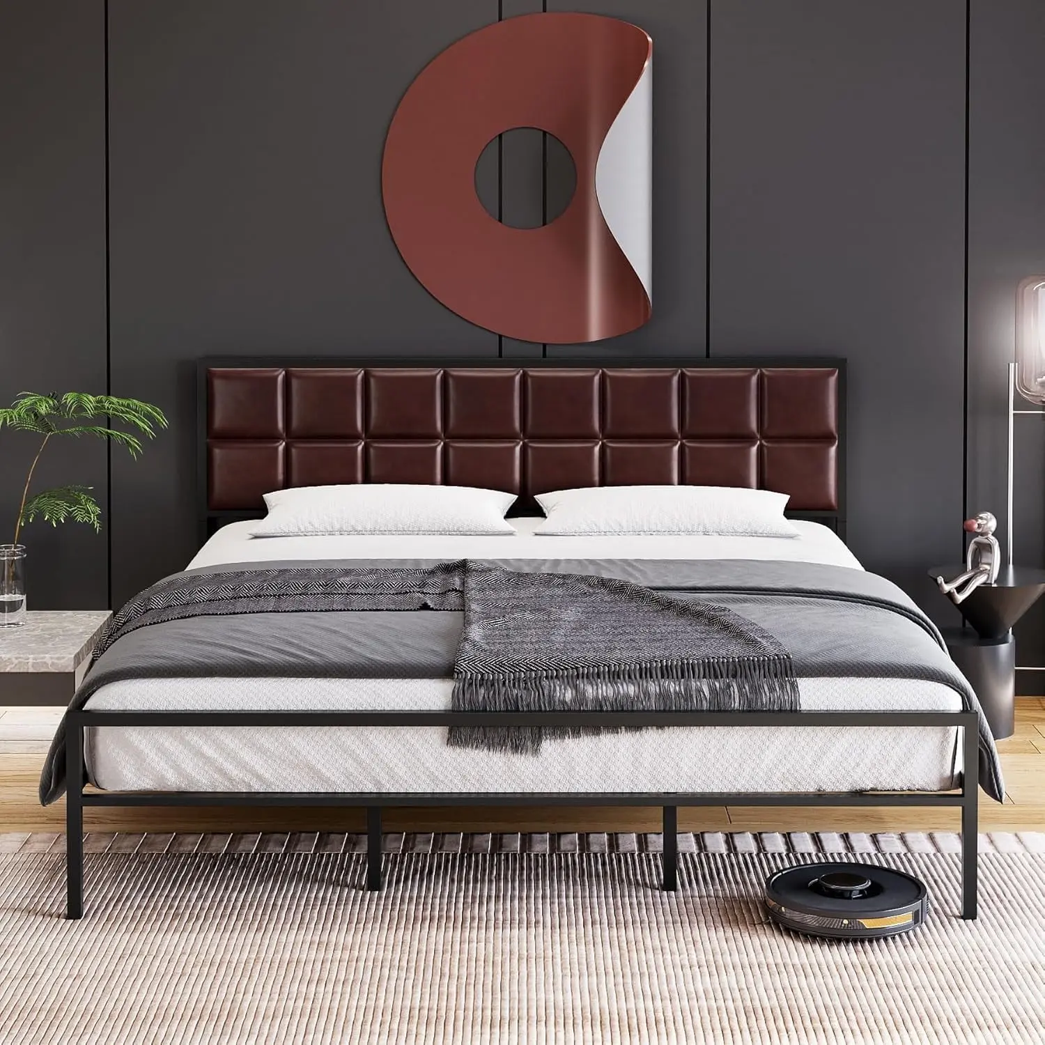 Gaomon Full-Size Metal Frame Bed with Faux Leather Square Headboard, Strong Slat Support, Spacious Underbed Storage, No Box Spring Needed, Apartment-Friendly Indoor Furniture
