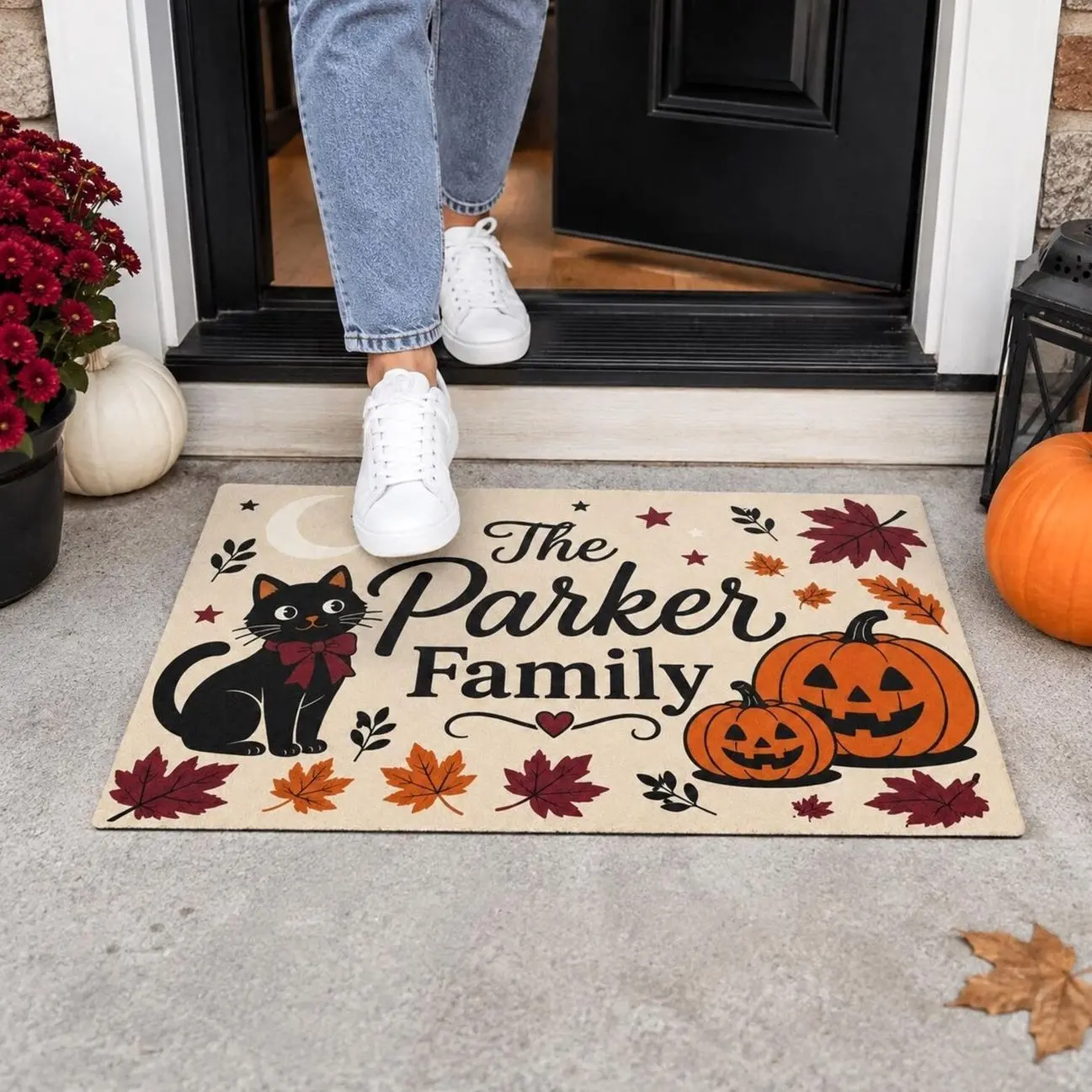 Personalized Black Cat Welcome Mat, Custom Family Name Halloween Doormat, Pumpkin Leaf Front Porch Decor, Custom Fall Home Entry Mat