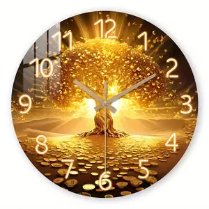 1pc Wooden Wall Clock, Fantasy Theme - Golden Money - Tree Pattern Tempered Film Veneer Silent Clock, Suitable for Living Room, Office Decoration, an Ideal Gift for Those Who Hope for Good Fortune on New Year and Other Festivals, Battery Powered