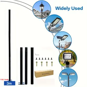 Solar Lamp Pole Set of 3 Meters 118.1 Inches Black Iron Hardware for Garden Sidewalks Courtyards Outdoor Lighting Street Post Only