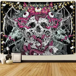 AtawLege Skull Tapestry Trippy Skeleton Eyes Goth Snake Psychedelic Flowers Large Horror Demon Wall Hanging for Bedroom (51.2 x 59.1 inches) Decor Halloween