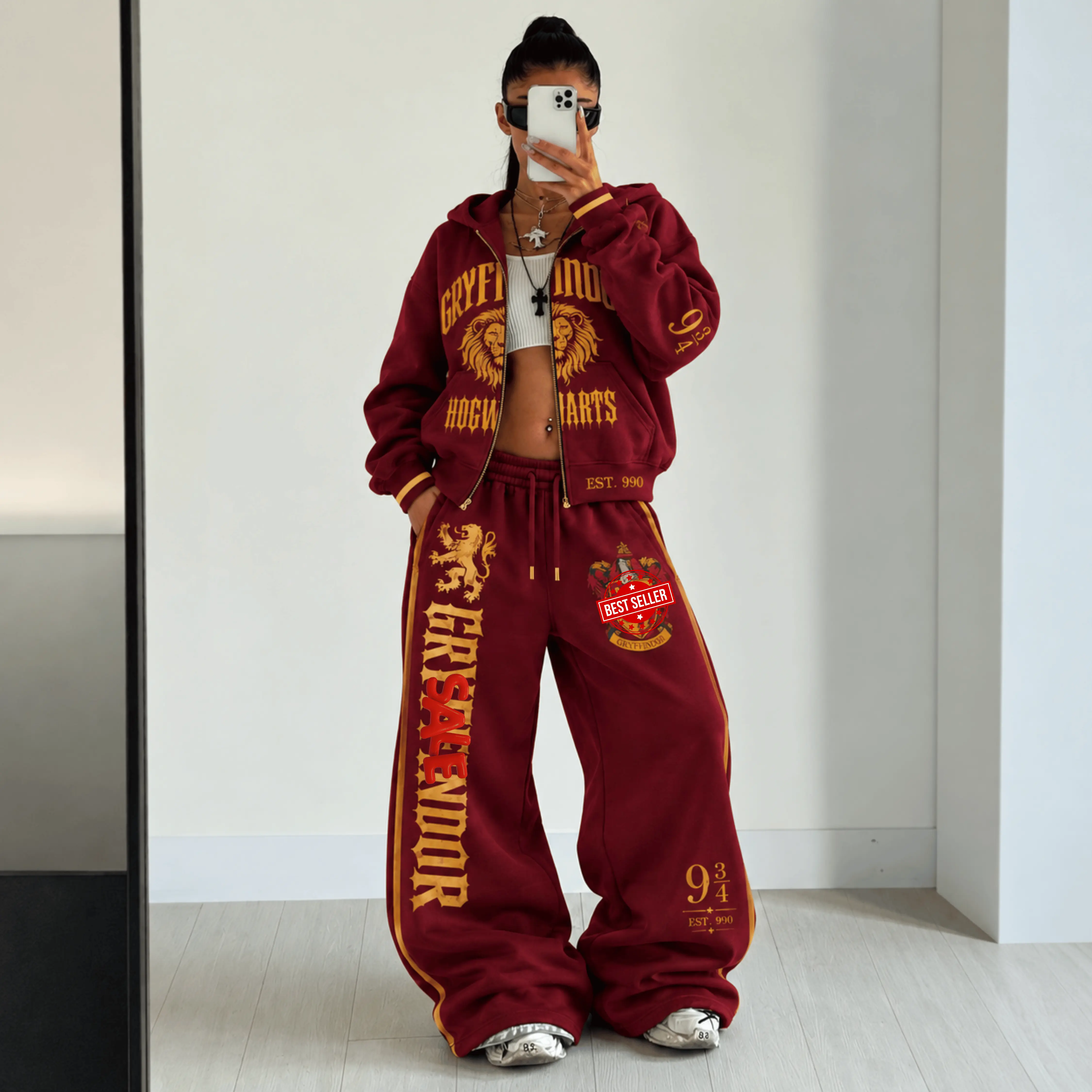 Vintage Lion Graphic 2 Piece Tracksuit Set, Burgundy Gold Zip Up Hoodie and Wide Leg Sweatpants, Gothic College Style Oversized Streetwear Outfit for Men and Women