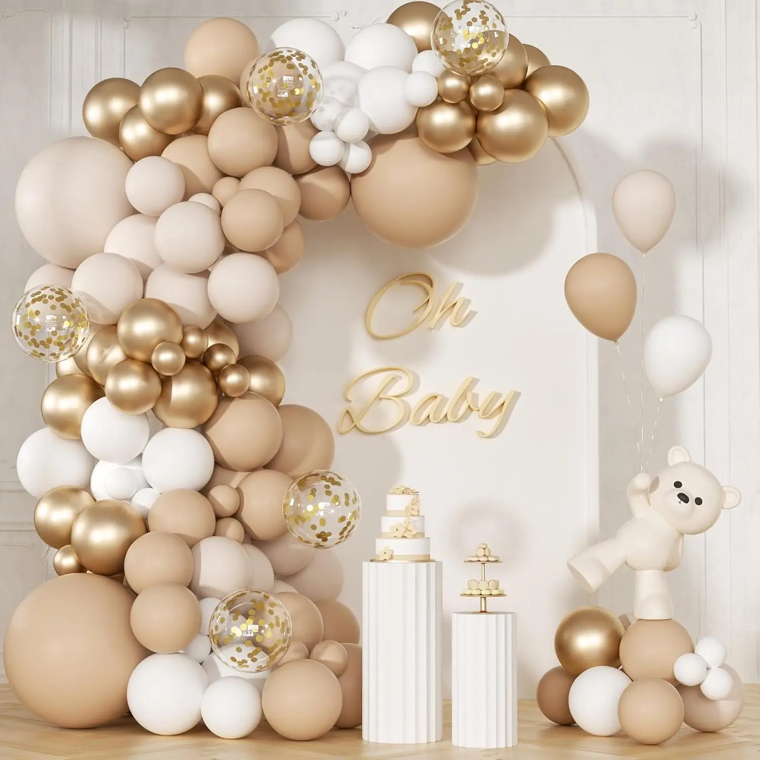 147pcs Neutral Sizes Garland Arch Kit, Beige Cream Sand White Metallic Champagne Gold for Wedding Boho Baby Shower, Festive Balloon Decor