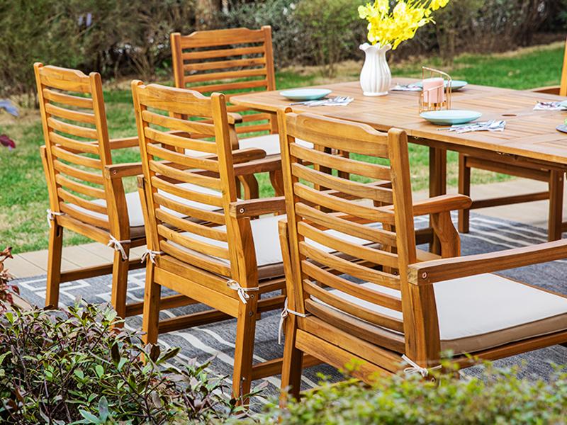 PHI VILLA Acacia Wood Patio Dining Set for 8, Expandable Teak Dining Table & Wooden Chairs with Cushions, Farmhouse Dining Furniture Set for Outdoor Deck, Yard, Porch Home Design Minimal