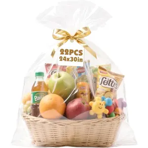 22 count Cellophane Bags, 24 x 30 Inchs Cellophane Wrap for  Baskets, Durable Cellophane  Bag, Clear Basket Bag - Complimentary 22 count Golden Twist Ties