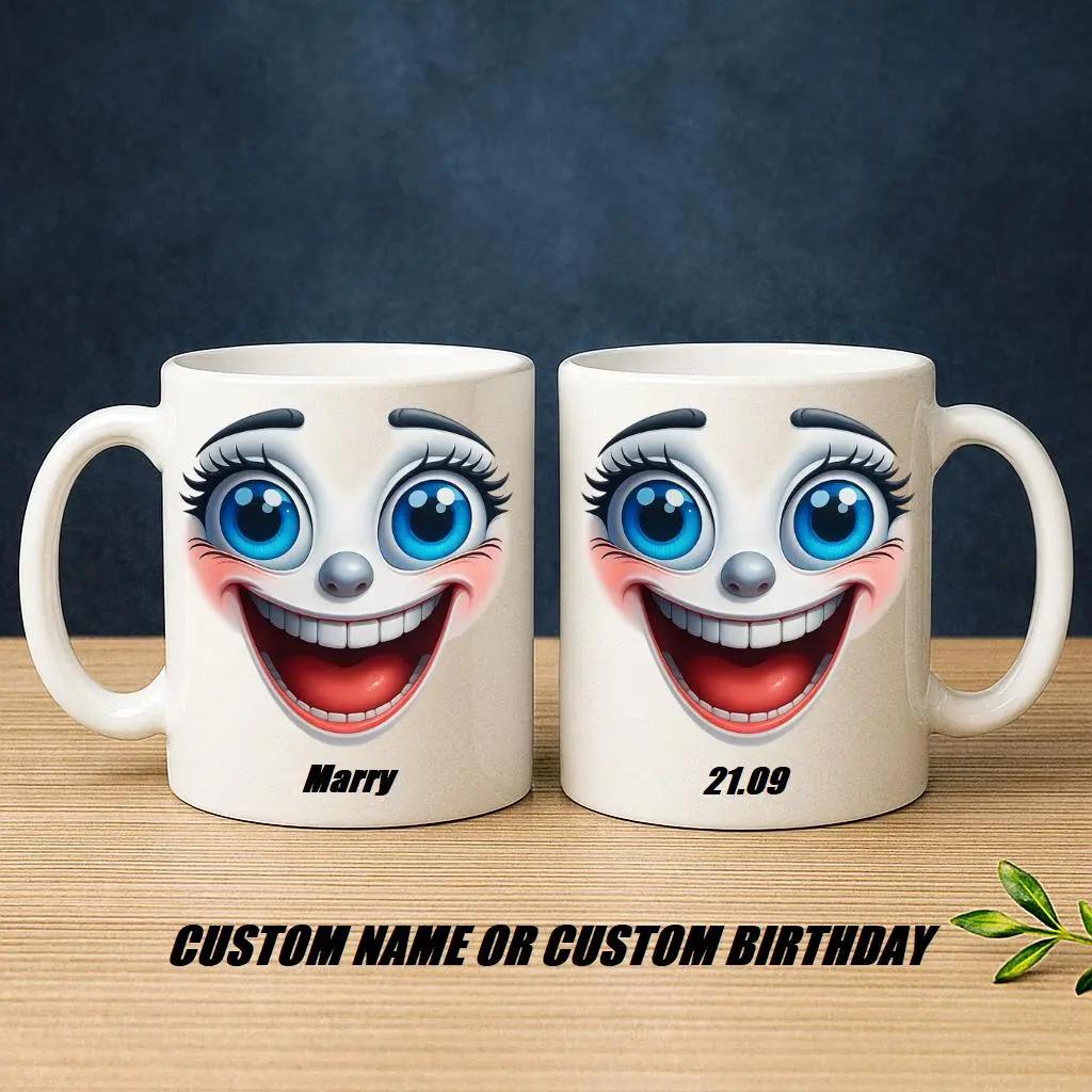 Personalized Funny Face Coffee Mug with Big Smile Cartoon Expression, Custom Name or Date Ceramic Cup for Daily Coffee Tea and Fun Desk Decor | Gifts for Kids | Home Decor | Hot Chocolate | Drinks | Novelty Gifts | Office Mugs |