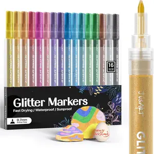 16 Colors Glitter Markers, Glitter  Pens Sparkly and Shiny for DIY Card Making, Coloring, Scrapbooking, Glass, , Stone, Fabric, Rock - 0.7mm Extra Fine   Markers