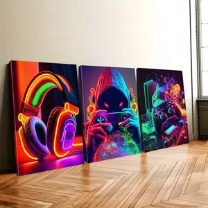 The physical product is a 2D flat framed poster with a 2D flat effect, comes with a frame, a 3-piece set of colorful game poster wall art for game room decoration, featuring a headset controller and game player characters, suitable for bedrooms, game room