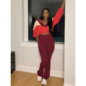 Women's Street Style Colorblock Top & Pants Set, Casual Sporty, Long Sleeve Patchwork Design, Perfect for Daily Wear, Athleisure Sweatsuit